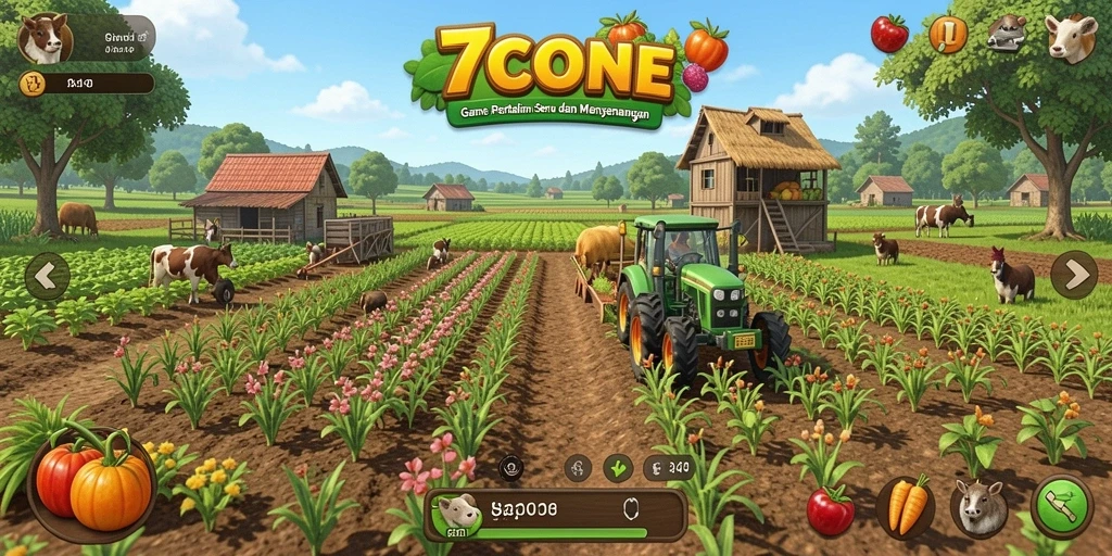 Screenshot dari gameplay <strong>7CONE</strong> yang menampilkan kebun yang subur dan tanaman yang berwarna-warni.