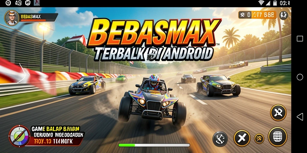 Tampilan menarik dari gameplay seru BEBASMAX yang menampilkan mobil balap beraksi.