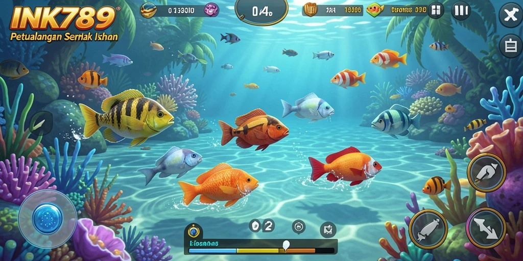 Tampilan gameplay seru dalam INK789, menangkap ikan dengan berbagai senjata.