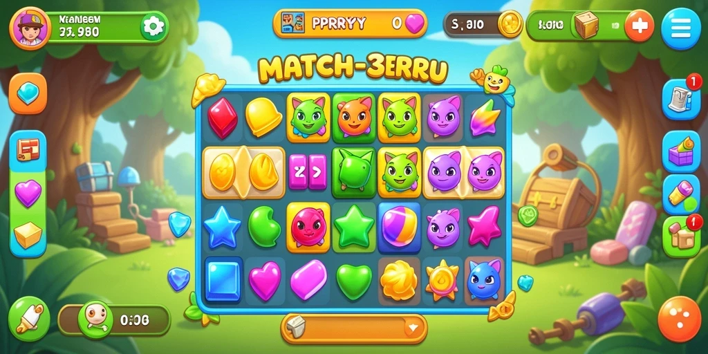 Tampilan gameplay menarik saat mencocokkan objek Match-3.